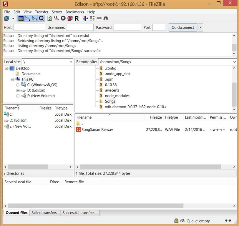 Edison using FileZilla